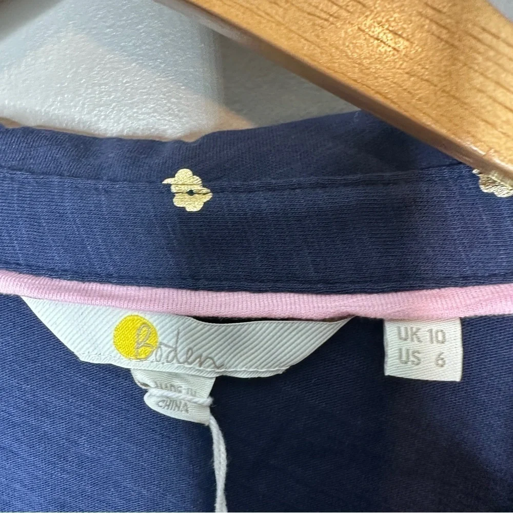 NWT Boden Notch Neck Smocked Frill Top in navy, foil dot - Picture 6 of 11